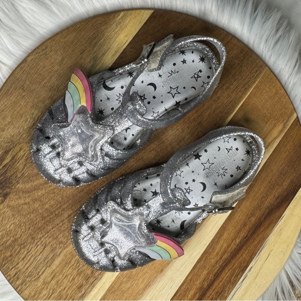 Mini Melissa Glittery Silver Star Sandals with Rainbow Accents